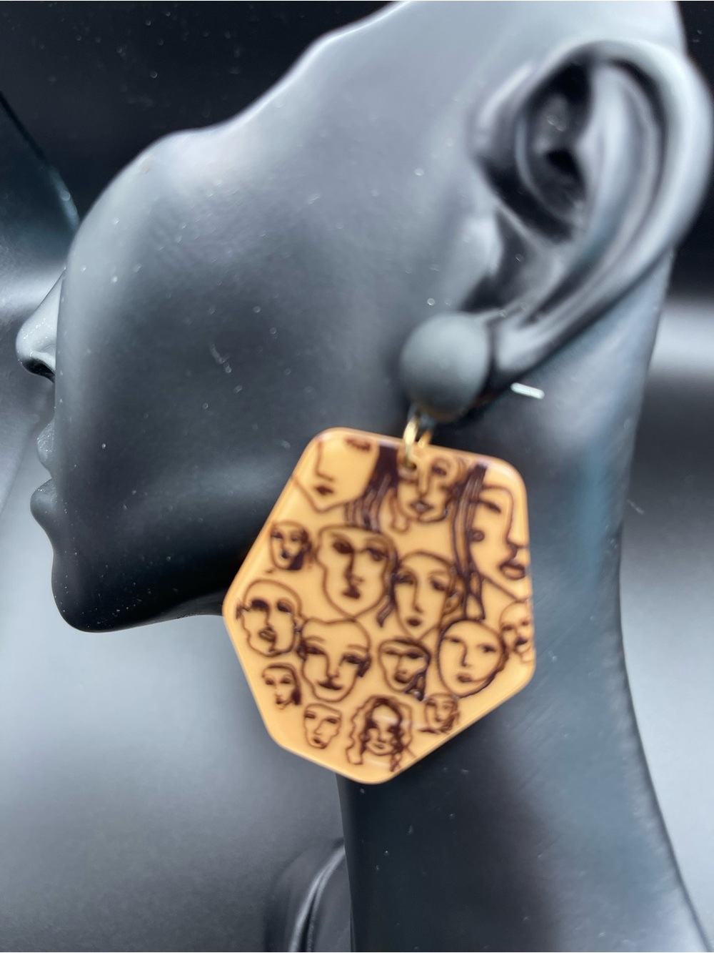 Abstract Faces Hexagon Drop Earrings in Camel and Black